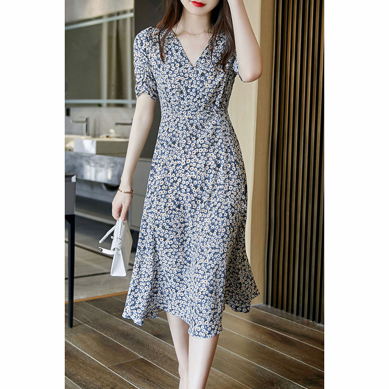 Mularsa crushed floral dress woman 2022 Summer style advanced sensation cashew slim V collar small frescoed long dress