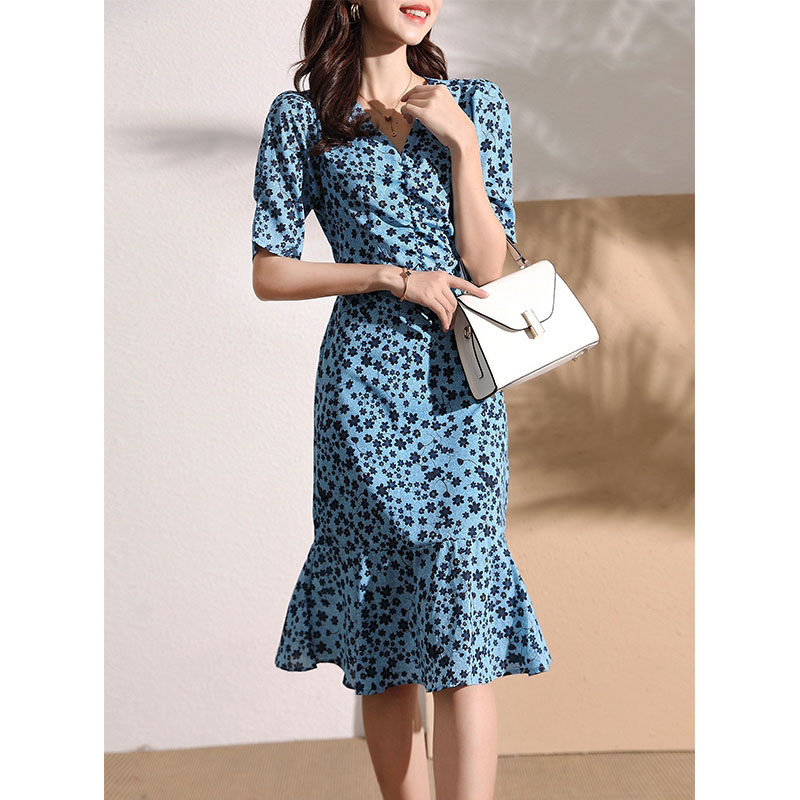 Mularsa method Balloon Flower Tea Hysteria Woman 2022 Summer collection Waist Temperament Slim V Collar Printed Fish Tail Skirt