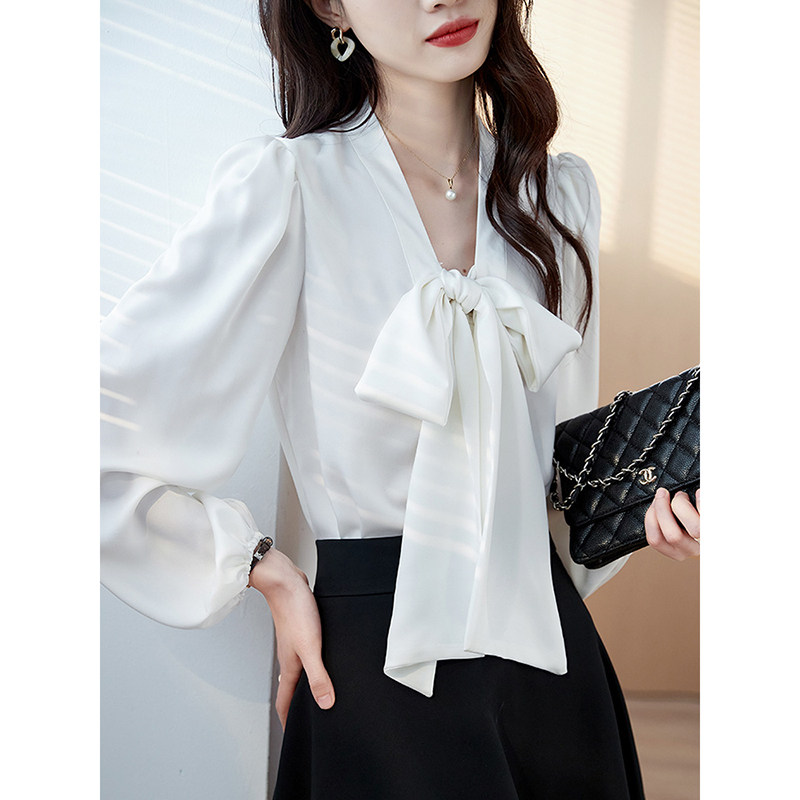Mularsa White Bow Tie Shirt Woman 2022 Early spring New design Sensation Small Crowd Bubble Sleeves Dribbling Shirt