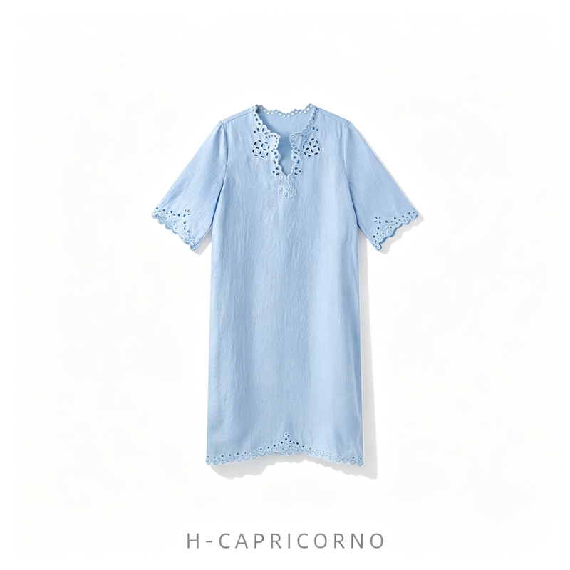 H-Capricorno French Rain Dew Linen Cutout Embroidered Dress Heavy Linen Resort Style Dress H-Capricorno French Rain Dew Linen Cutout Embroidered Dress Heavy Linen Resort Style Dress