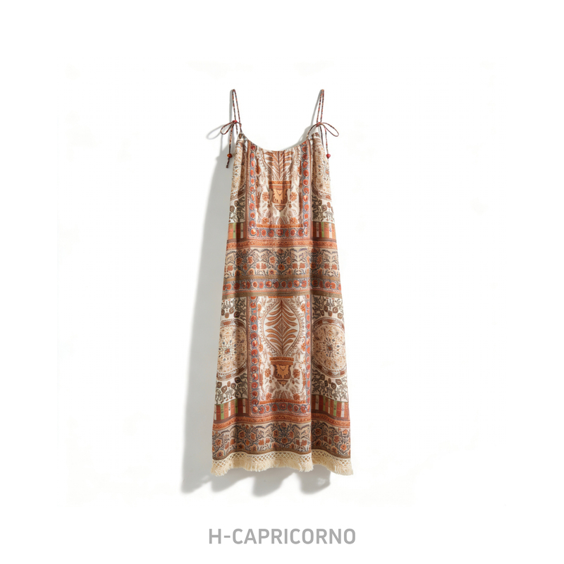H-Capricorno Hippie Exotic Style Colorful Beaded Fringe Hem Casual Slip Dress
