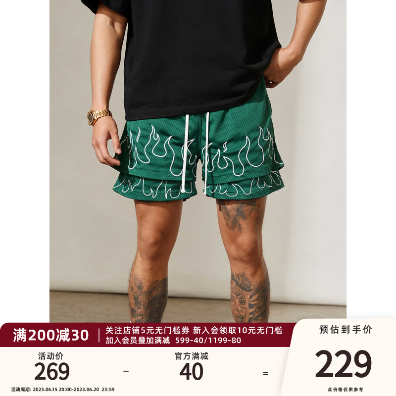 RESERFF Original American Retro Quarter-Shaped Double Layer Mesh Print Summer Shorts