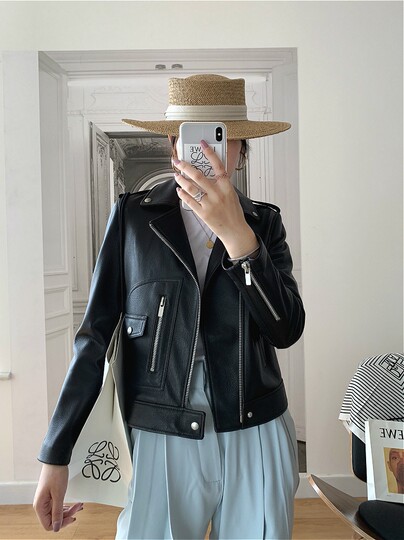 2025 Spring and Autumn New Genuine Leather Jacket Women's Versatile Short Slim Slim Motorcycle Jacket Liu Wen's Same Style