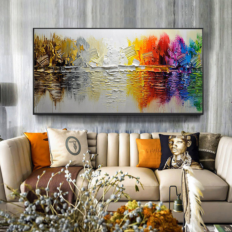 Light luxury pure hand-painted oil painting custom living room decoration painting sofa background wall painting horizontal version hotel model room mural