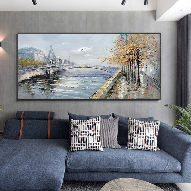 Pure hand-painted oil painting living room horizontal villa painting Nordic landscape mural sofa background wall decoration painting birch forest