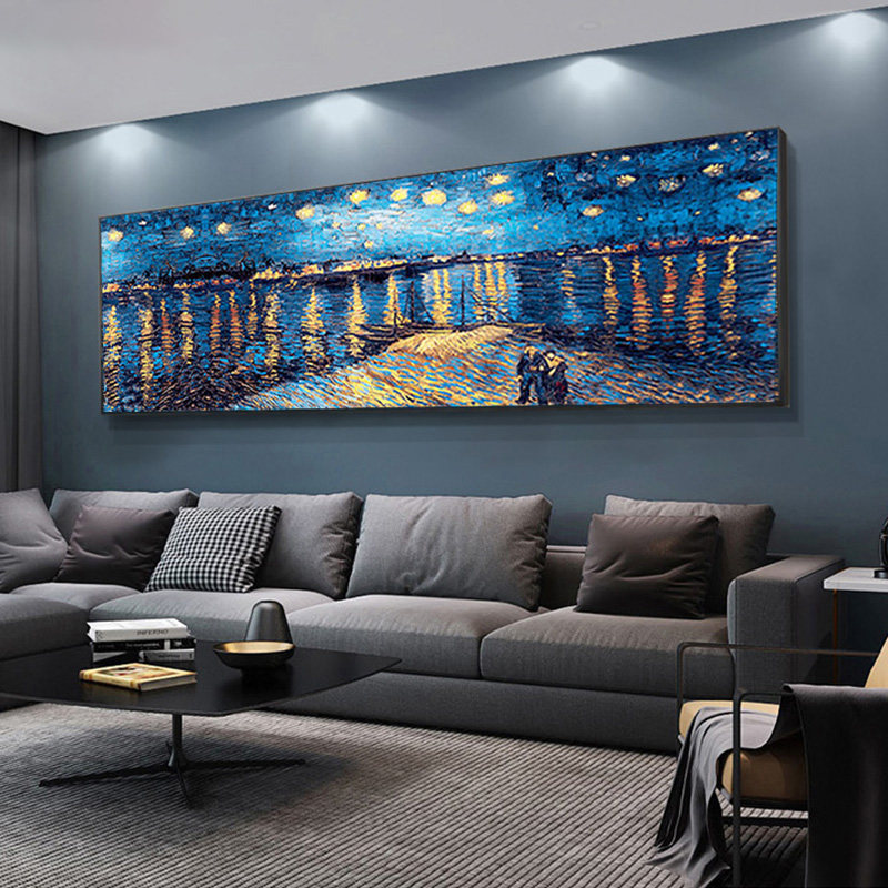 Van Gogh pure hand-painted living room oil painting Villa entrance mural Light luxury bedroom abstract hanging painting Horizontal version of American decorative painting