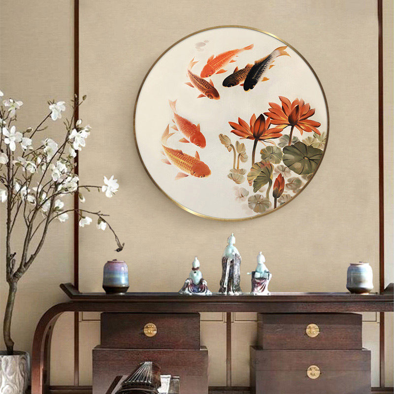 Nine Fishing Tutu Pure Hand Painted Oil Painting Living Room Xuanguan Decoration Painting Dining Hall Mural Painting New Chinese Tea Room Hanging Painting Custom Round