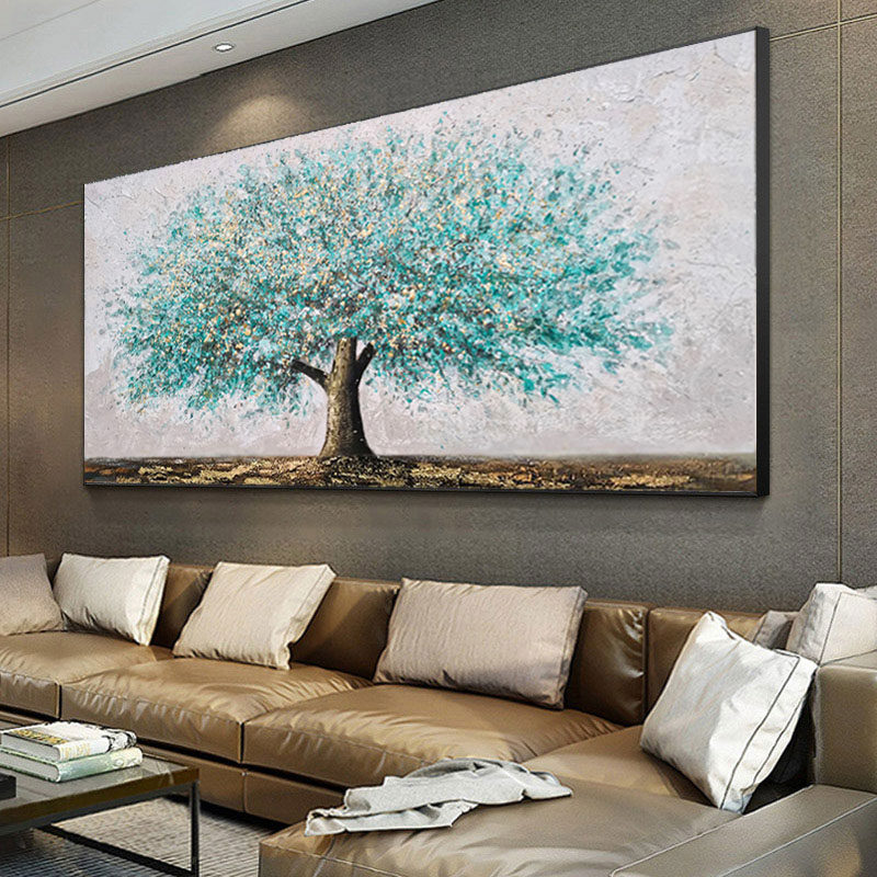 Hand painted oil painting horizontal version hairstyle tree living room sofa background wall hanging painting light lavish villa handmade decoration painting rocking money tree