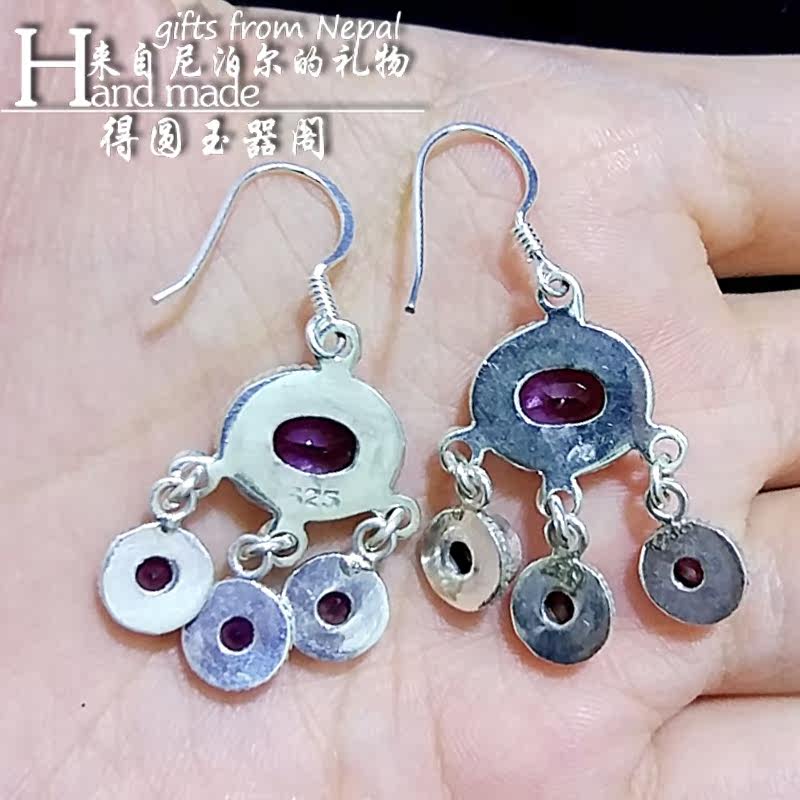 Серьги 尼泊尔印度手工925银镶天然紫水晶耳环捕梦网耳坠流苏复古民族风 OTHER