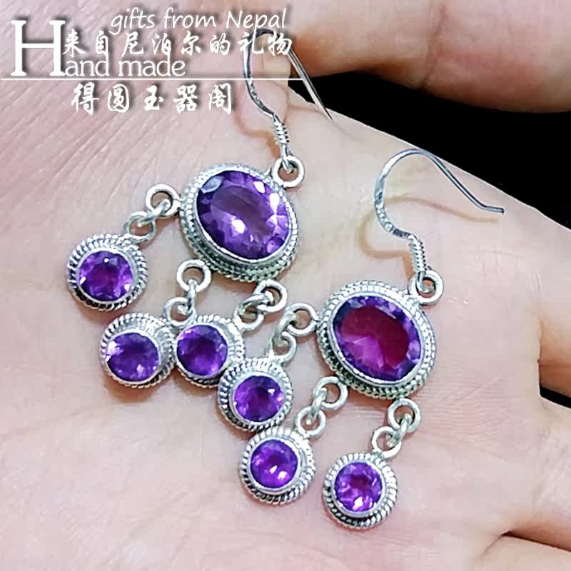Серьги 尼泊尔印度手工925银镶天然紫水晶耳环捕梦网耳坠流苏复古民族风 OTHER