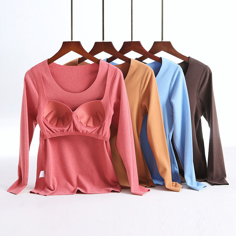 Large size warm autumn clothes round neck thickened with chest pad no-wear bra integrated cup plus fat bottoming long-sleeved underwear fat mm