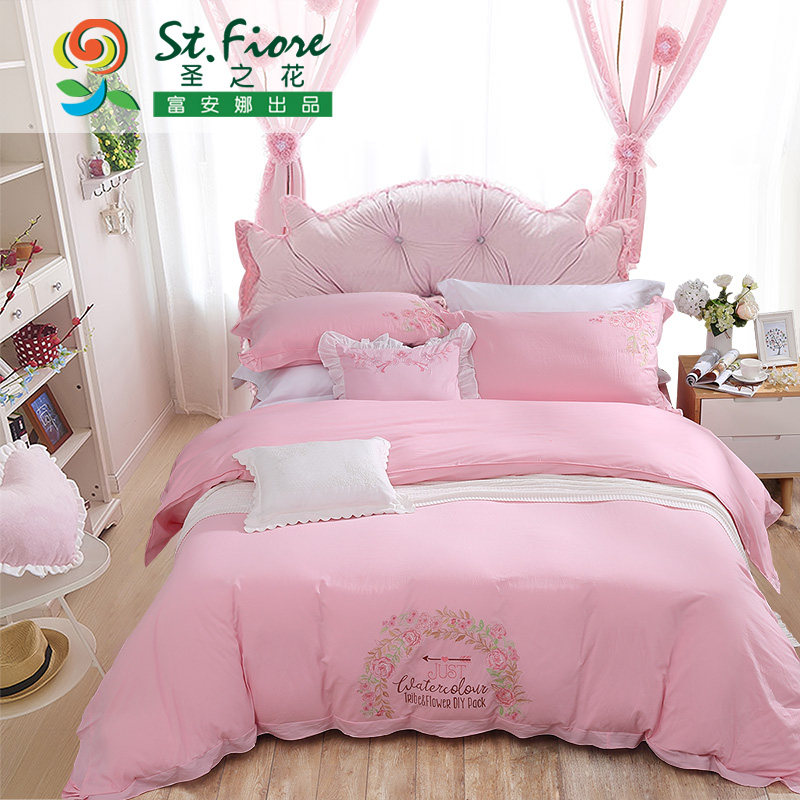 Fuana Home Spun Sacred Flowers Bed Linen Quilt Cover Pure Washed Cotton Four Pieces Full Cotton Pure Cotton Pink Male wind