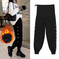 Pregnant women pants plus velvet thickened autumn and winter embroidered sports pants loose size tie pants slim high waist belly pants