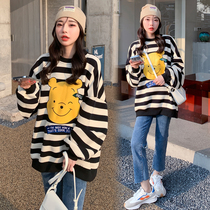 2022 Spring and autumn new Korean version Fashion easing medium long clothing Pregnancy Woman Dress Comfort 100 lap outside wearing long sleeve stripes