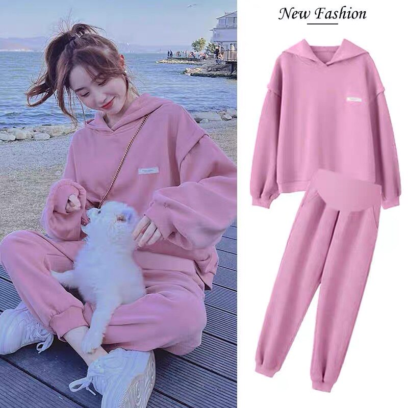 Real shot #801# Pregnant women's autumn suits fashionable loose large size sweater sports and leisure two-piece autumn and winter clothes