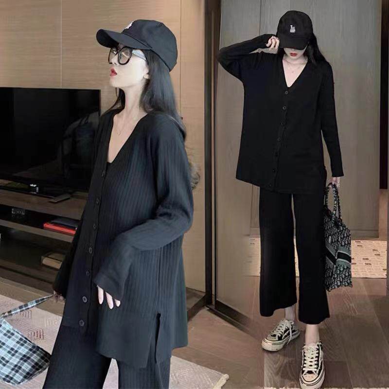 Pregnancy Woman Dress Autumn Clothing Suit Fashion for outdoor Han version Autumn winter blouse Knitted Broadlegged Pants Loose Net Red two sets