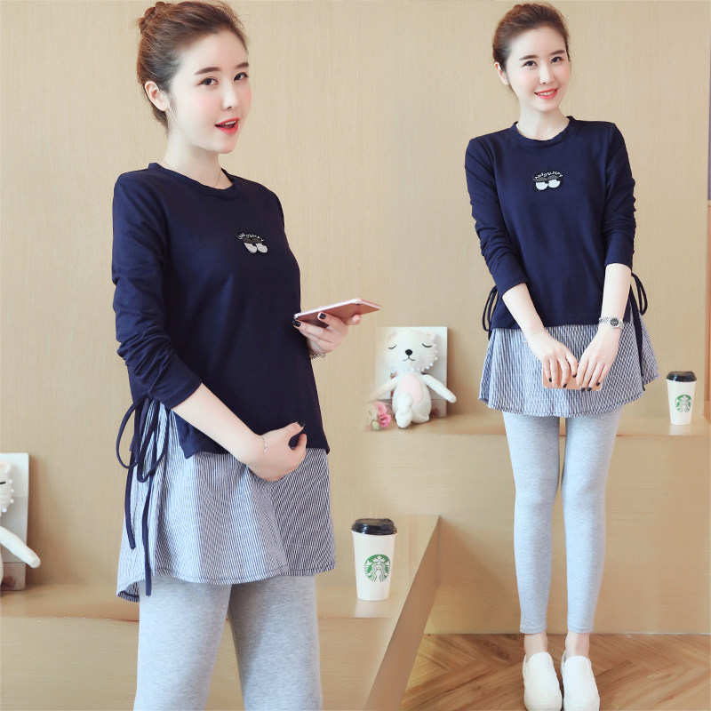 2021 new maternity clothes autumn new trendy mother splicing fake two-piece long-sleeved cotton T-shirt maternity top mid-length