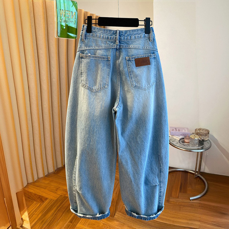 American Retro Ripped Jeans for Women, Wide-Leg Scimitar Pants, Plus-Size High-Waisted Loose Slimming Pants for Pear-Shaped Body, Trendy