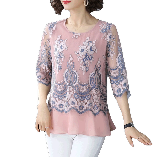 Кружевная летняя одежда для матери, шифоновая футболка, коллекция 2021, для среднего возраста