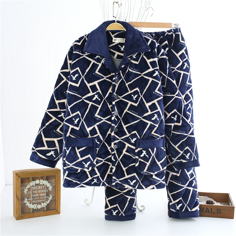 Đồ ngủ nam mùa đông flannel quilted pyjama dày cộng với nhung trung niên kích thước lớn dịch vụ nhà phù hợp với đặc biệt mùa đông bộ thu đông nam 