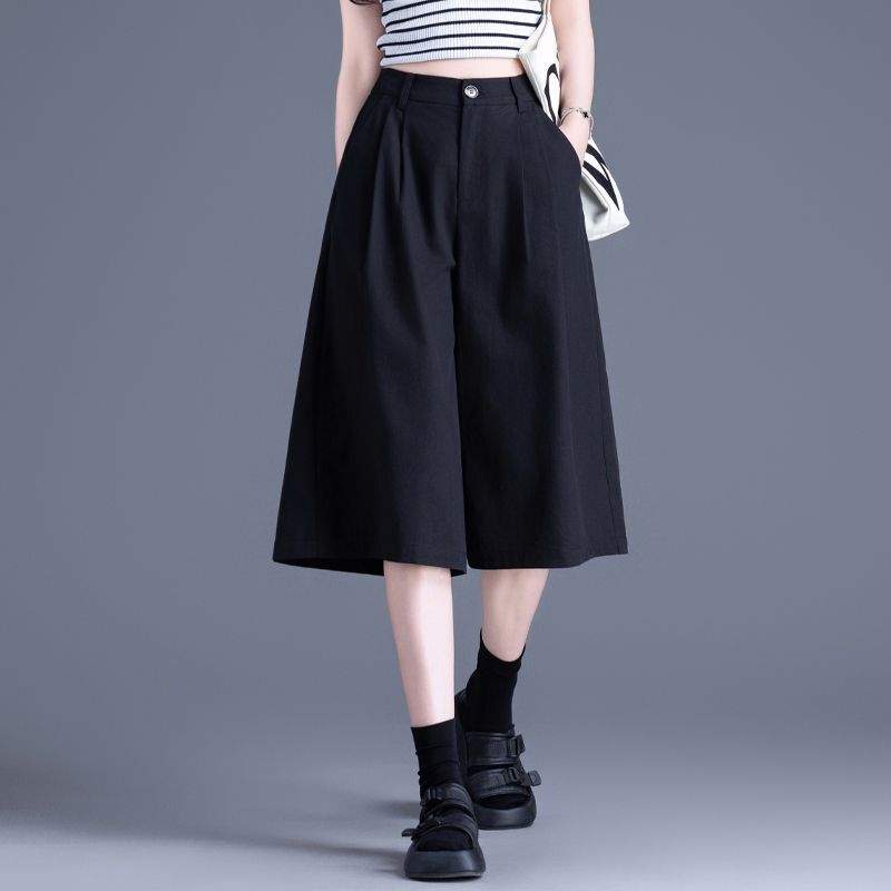 Black Ice-Feel Wide-Leg Pants for Women, Summer Thin Style 2026 New High-Waisted Slimming Skirt Pants, Three-Quarter Casual Suit Pants