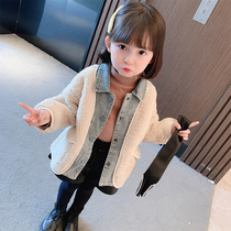 New Korean version of boys and girls lamb wool denim jacket autumn and winter clothing female baby foreign style thickened top sweater tide