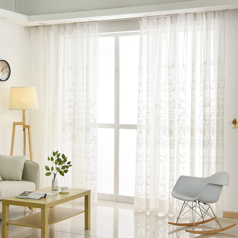 Eurostyle embroidered half light transmission thin yarn curtain finished 2022 popular curtain bedroom floating window living-room floor window minimalist
