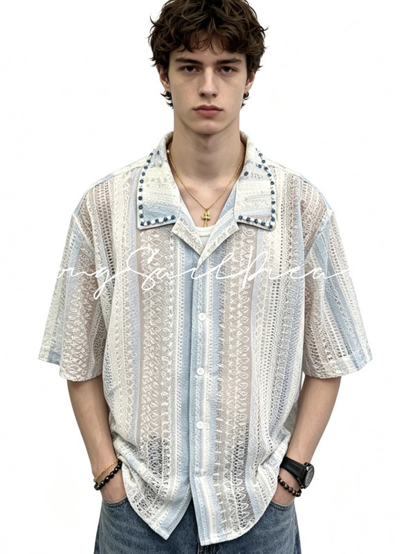 【Zhang Jie|Same Style as Double High Tire】Blue and White Striped Loose-Fitting Striped Hollow-Out Design Cuban Collar Short-Sleeve Shirt 【Zhang Jie|Same Style as Double High Tire】Blue and White Striped Loose-Fitting Striped Hollow-Out Design Cuban Collar Short-Sleeve Shirt