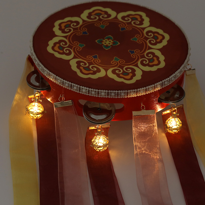 Luminous tambourine Tang wind Dunhuang wind ribbon drum Tang collar Hanfu hand holding drum Bell Drum Red Ribbon