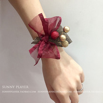 Wrist flower Korean bride Bridesmaid sister unity wedding Fuchsia festive bow Berry bracelet hand flower