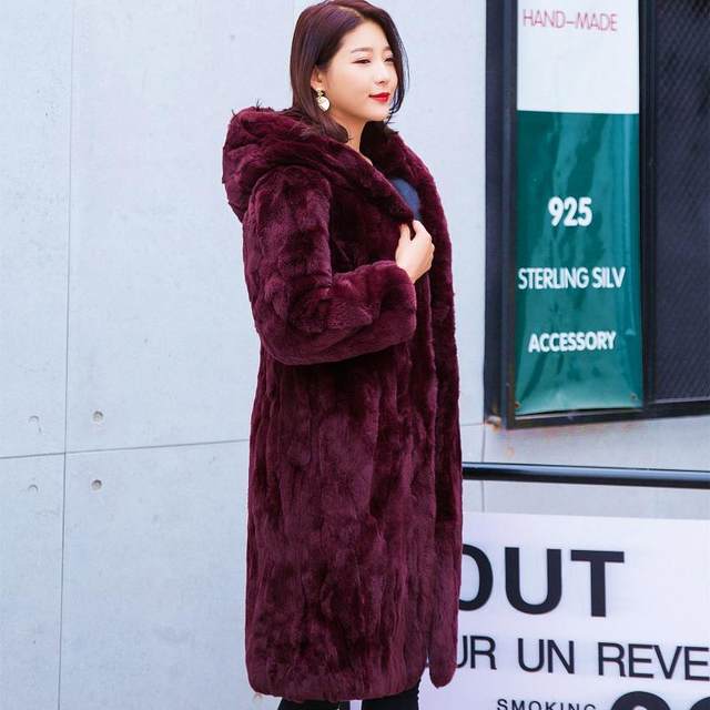 Haining's new female rex rabbit fur one hooded long-sleeved fur coat coat mother dress loose cloak large size