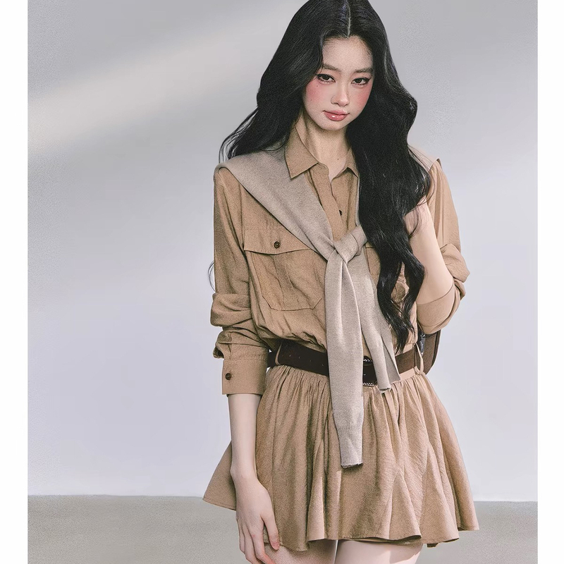 Mz Early Autumn New Workwear Style Lapel Waist-Cinching Short Long-Sleeve Dress for Women with a Designer Feel, Short Skirt with Belt and Shawl Mz Early Autumn New Workwear Style Lapel Waist-Cinching Short Long-Sleeve Dress for Women with a Designer Feel, Short Skirt with Belt and Shawl
