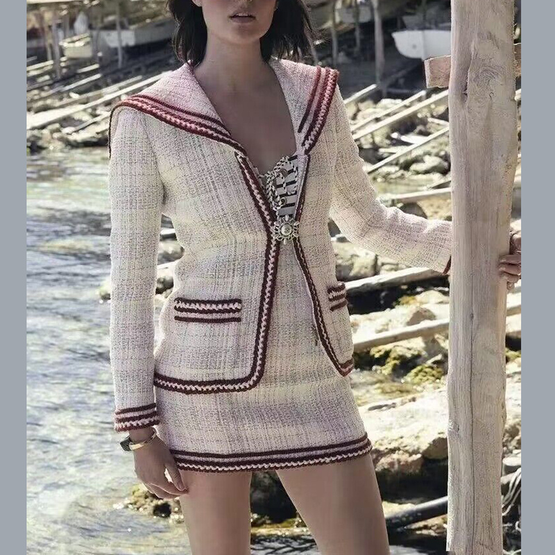 Chanel-Style Jacket for Women, Guli Nazha Wedding Style, Navy Collar Suit, Short Skirt, High-End French-Style White Top Chanel-Style Jacket for Women, Guli Nazha Wedding Style, Navy Collar Suit, Short Skirt, High-End French-Style White Top