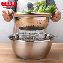  Stainless steel stainless steel household kitchen round vegetable wash basin thickened non-stick noodles and wash basin with lid Large soup basin set
