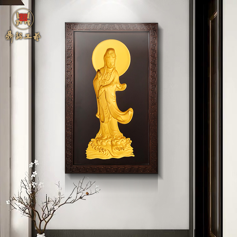 3D Guanyin Bodhisattva reverse intaglio decorative hanging plaque Buddha Hall Living room lobby Buddha plaque intaglio highlights three-dimensional carving technology