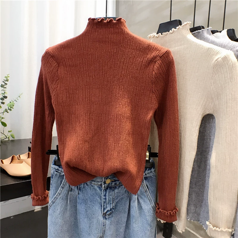 ENEY Phiên bản Hàn Quốc của áo len cổ lọ bằng gỗ nửa cổ màu đơn sắc mùa thu và mùa đông hoang dã áo dài tay chạm đáy áo sơ mi nữ