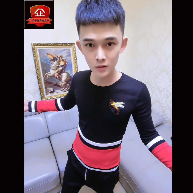 二公子官方企业店小蜜蜂刺绣韩版男士加绒打底衫修身圆领长袖T恤