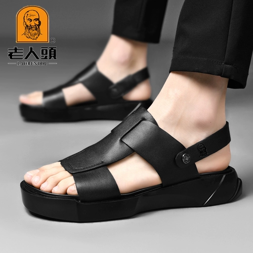 老人头 Слайдеры, летние тапочки, кожаная пляжная обувь на платформе, из натуральной кожи, воловья кожа