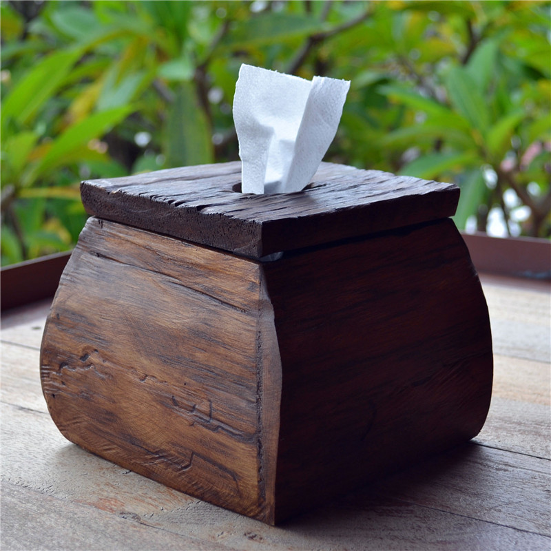 Thai Artisanal Solid Wood Paper Towels Box Rolls Toilet Paper Cylinder Tabletop Home Hotel Creative Retro Paper Towel Cylinder Home Decoration