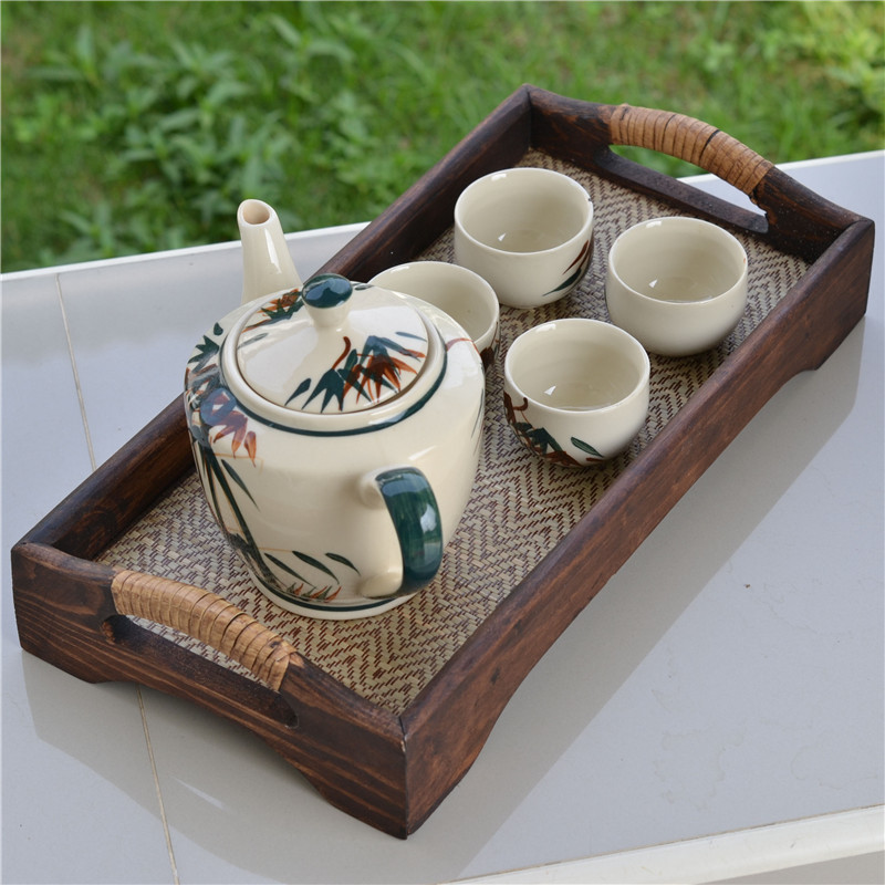 Thai straw-woven tray bamboo-woven Japanese-style wooden dry tea tray clubhouse household tea set rectangular creative small tea tray