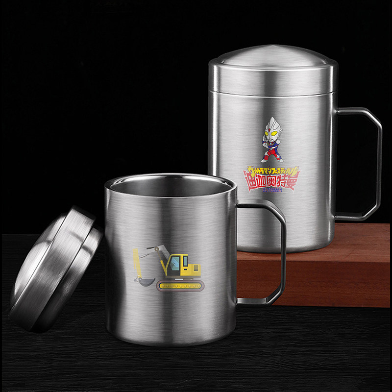 Children's cartoon water cup 304 stainless steel cup home double-layer anti-scald kindergarten anti-fall student baby water cup