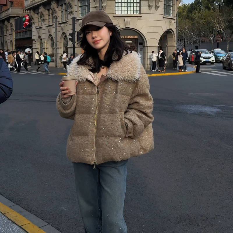 Lao Yang's Private Brand Me Teddy Night 95 White Goose down Starry Tweed Fashionable Warm Lapel Loose down Jacket