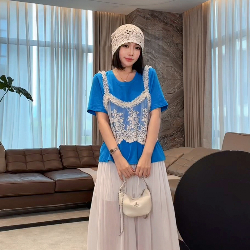 Laoyangjia Clothes Me Fairy Wand (Fake Two-Piece) 2026 New Cotton and Linen Breathable Lace Versatile Short-Sleeve T-Shirt Laoyangjia Clothes Me Fairy Wand (Fake Two-Piece) 2026 New Cotton and Linen Breathable Lace Versatile Short-Sleeve T-Shirt
