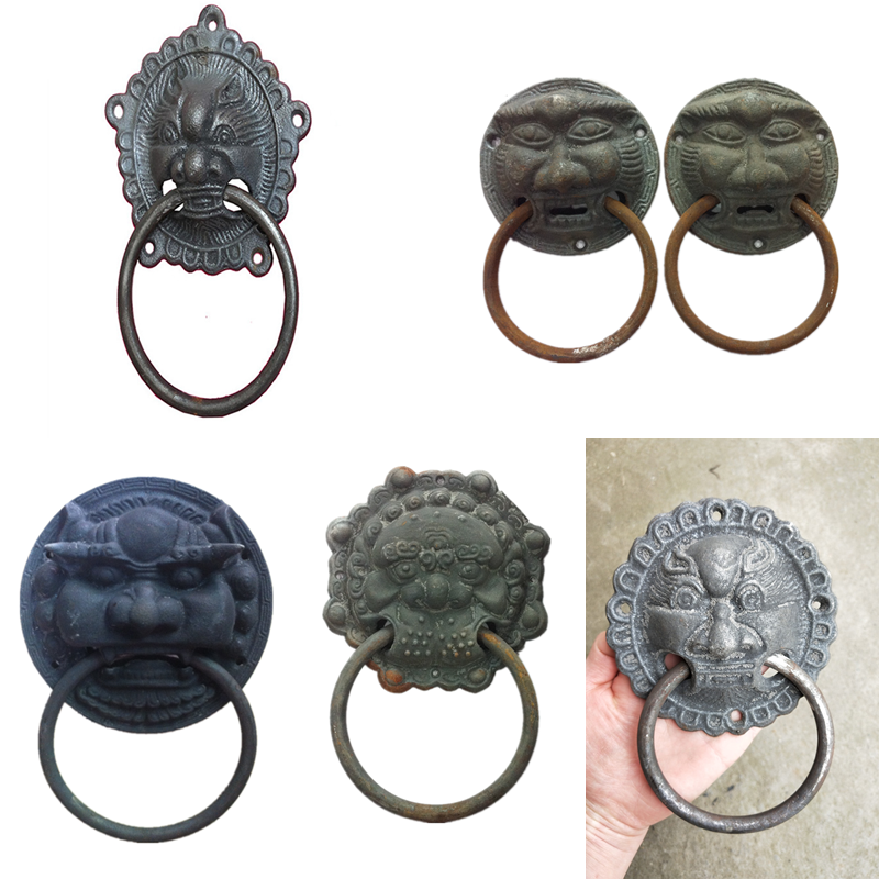 Antique elm door Beast head knocker Cast iron tiger head Chinese anti-corrosion wooden door Iron lion head courtyard door handle