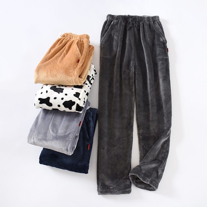 Men's pajama pants autumn and winter home pants trousers flannel loose plus velvet thickened coral fleece warm brushed casual pants