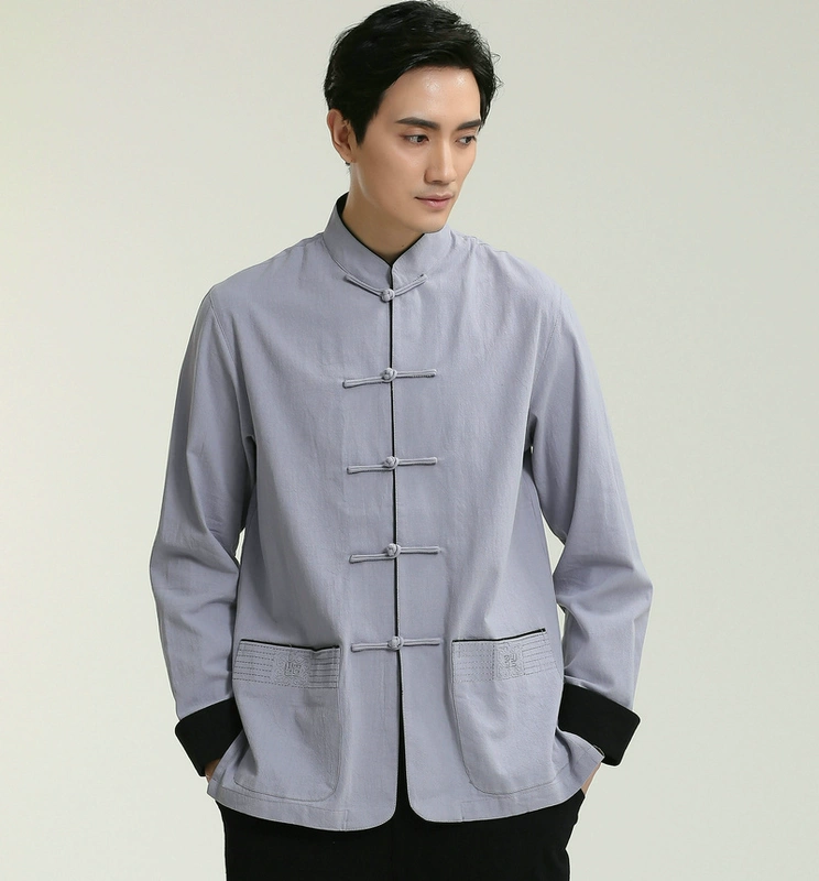 Mùa xuân và mùa thu nam giới Cotton và linen Retro Tang phù hợp với nam Áo dài tay Áo quốc phục Trang phục nhỏ Tuổi trẻ Trà Quần áo Quần áo bảo hộ lao động nam đồ bộ nam