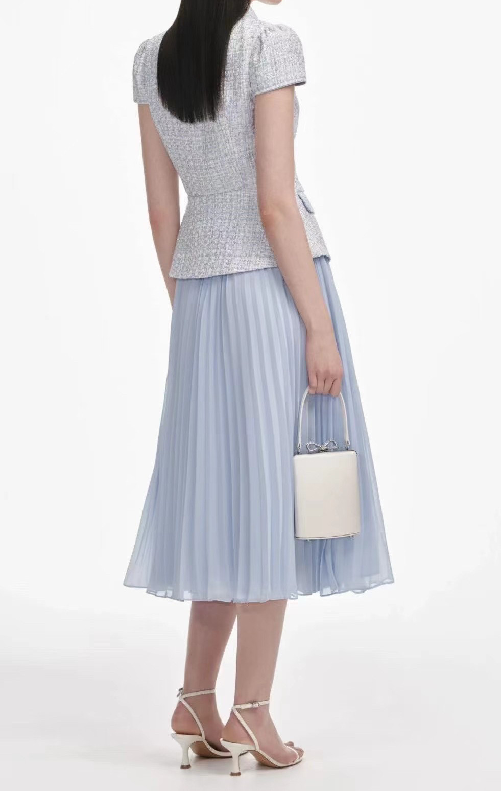 SELF Designer 2025 Spring Blue Bow Tweed Chiffon Dress - Be First! - Detail image 3