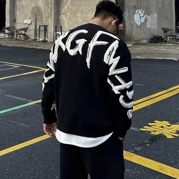 Autumn and winter heavy sweater men's retro letter round neck sweater men's loose american handsome lazy couple top trendy Autumn and winter heavy sweater men's retro letter round neck sweater men's loose american handsome lazy couple top trendy