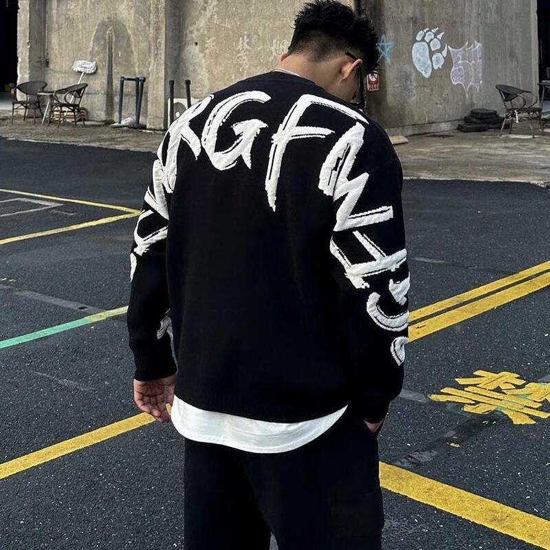 Autumn and Winter Heavyweight Knit Sweater for Men, Vintage Letter Crew Neck Sweater, Loose American Style, Cool and Lazy Couple Tops, Trendy