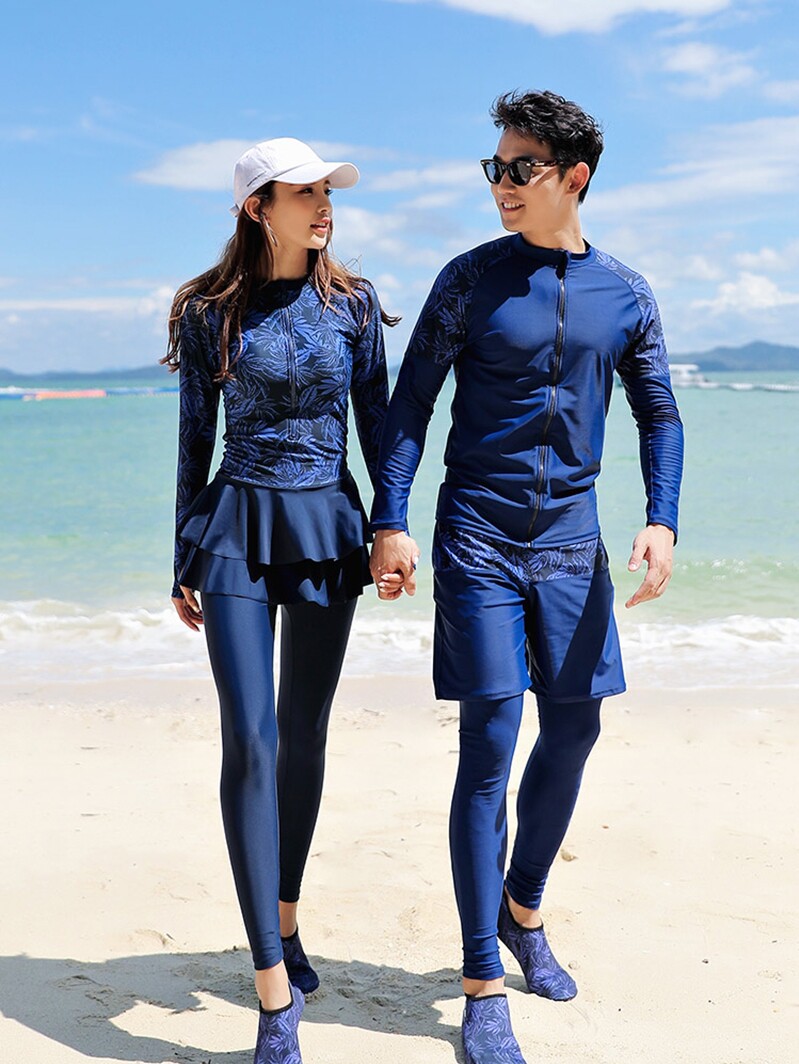 Couple swimsuit women's new one-piece skirt conservative sport cover belly to show thin swimsuit men beach pantsuit